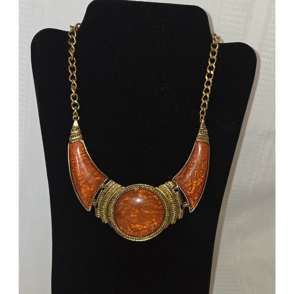 Cleopatra Statement Necklace Egyptian Revival Orange Gems Gold-Tone 18" Costume - Picture 1 of 10
